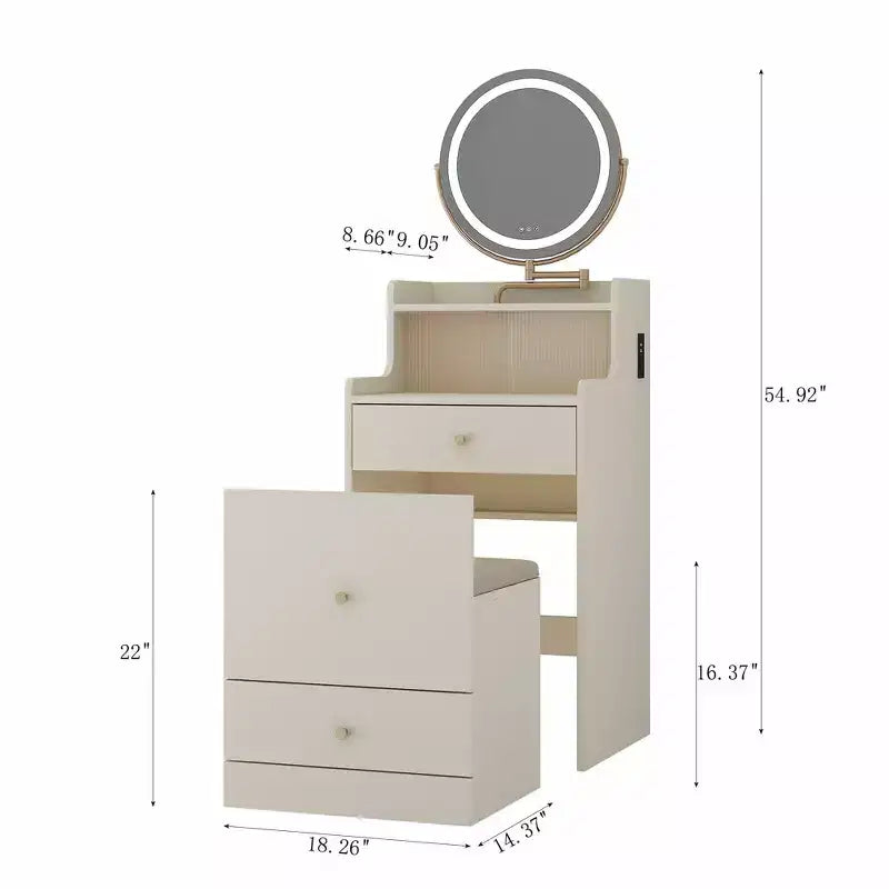 Coiffeuse 3-en-1 avec miroir et station de charge – Lumières LED, compacte, avec tabouret