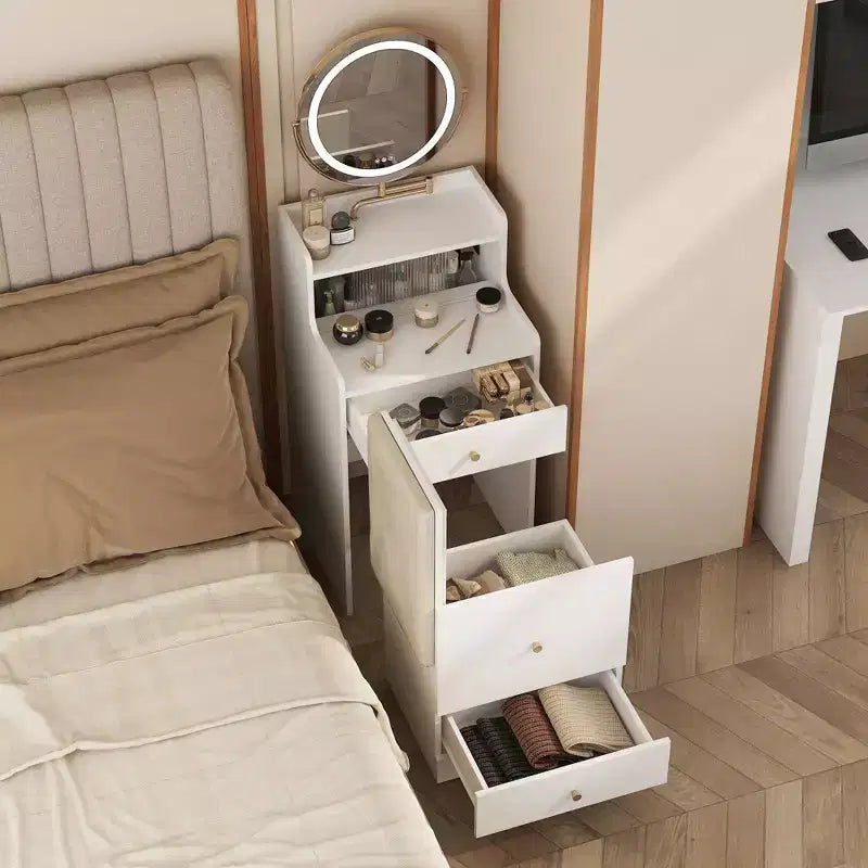 Coiffeuse 3-en-1 avec miroir et station de charge – Lumières LED, compacte, avec tabouret