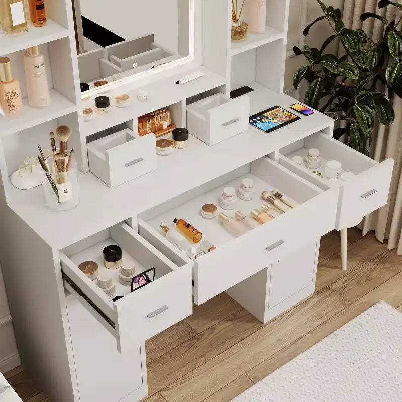 Coiffeuse avec Lumières LED, 5 Tiroirs et Armoire de Rangement – Tabouret Rembourré, Blanc