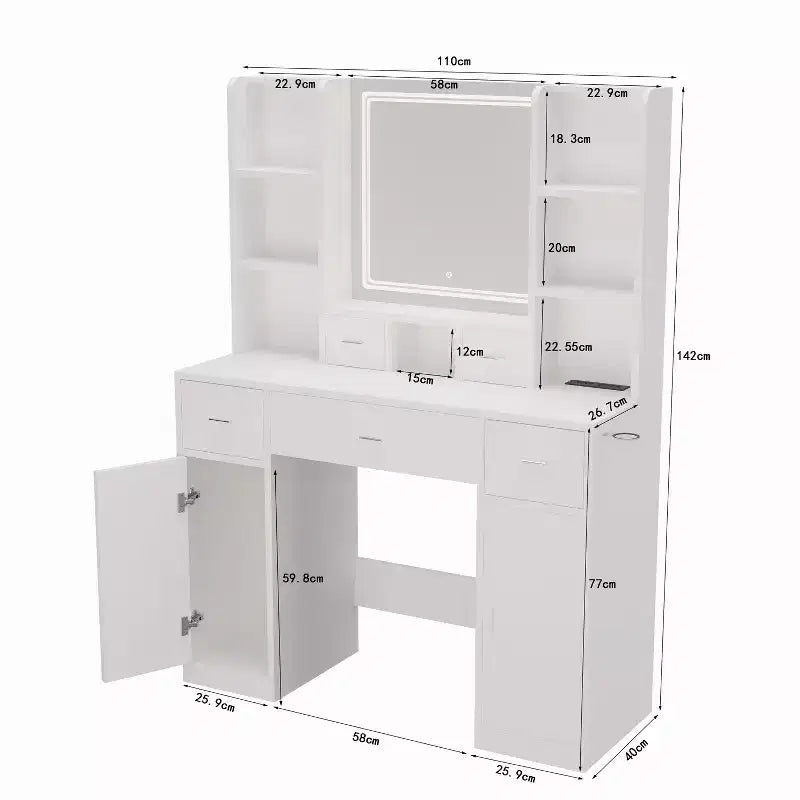 Coiffeuse avec Lumières LED, 5 Tiroirs et Armoire de Rangement – Tabouret Rembourré, Blanc
