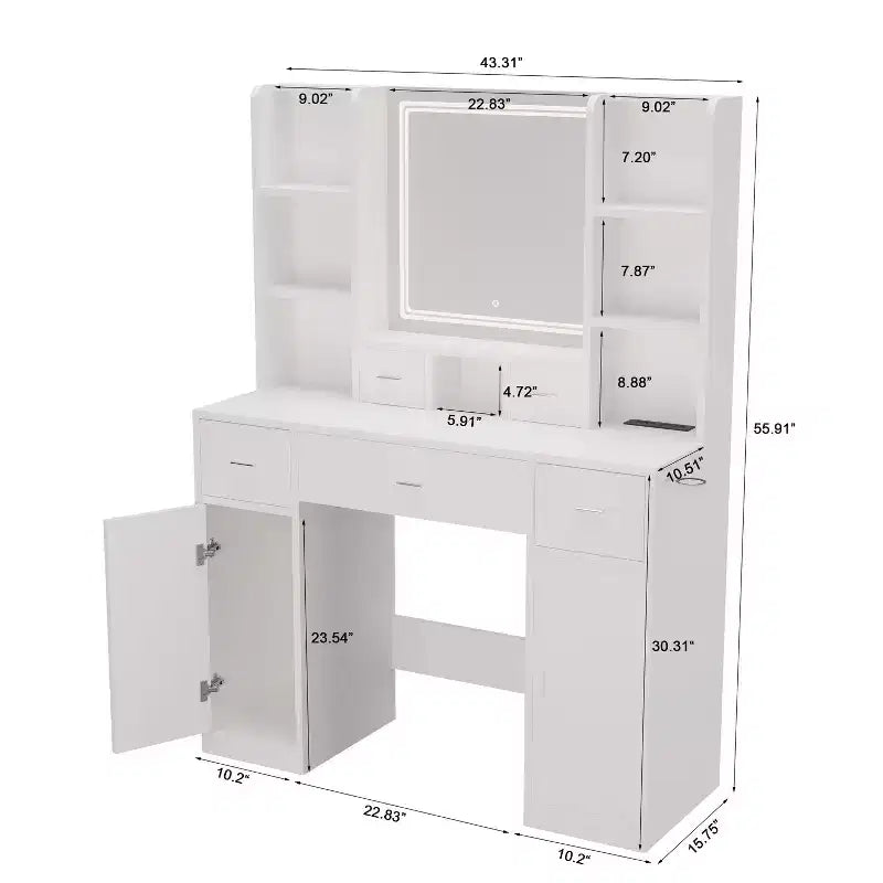 Coiffeuse avec Lumières LED, 5 Tiroirs et Armoire de Rangement – Tabouret Rembourré, Blanc