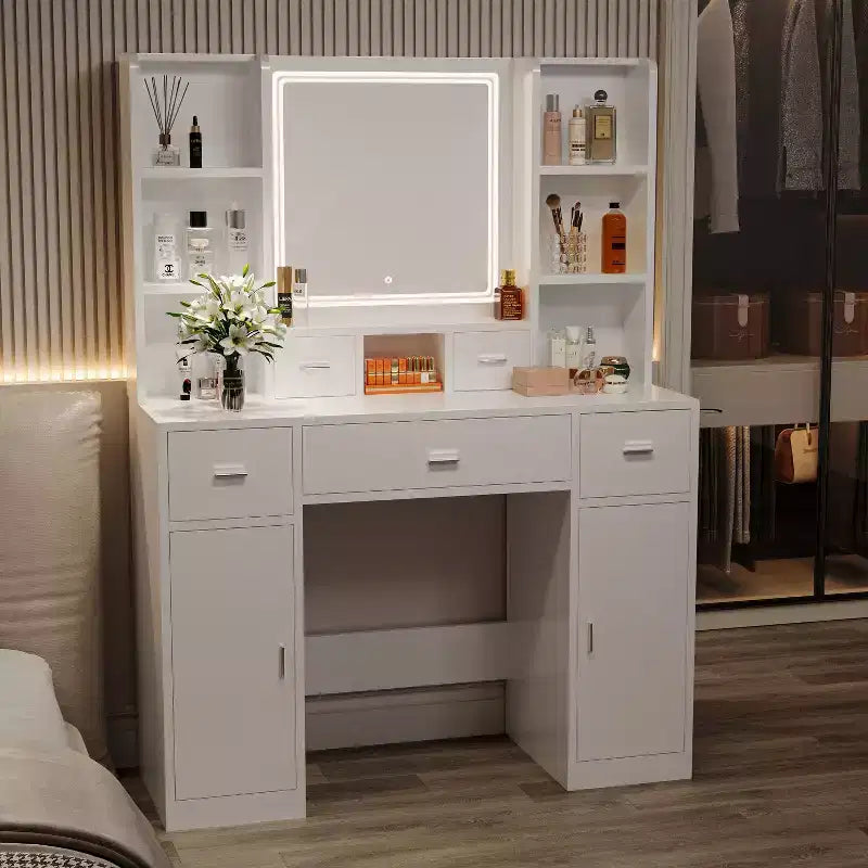 Coiffeuse avec Lumières LED, 5 Tiroirs et Armoire de Rangement – Tabouret Rembourré, Blanc