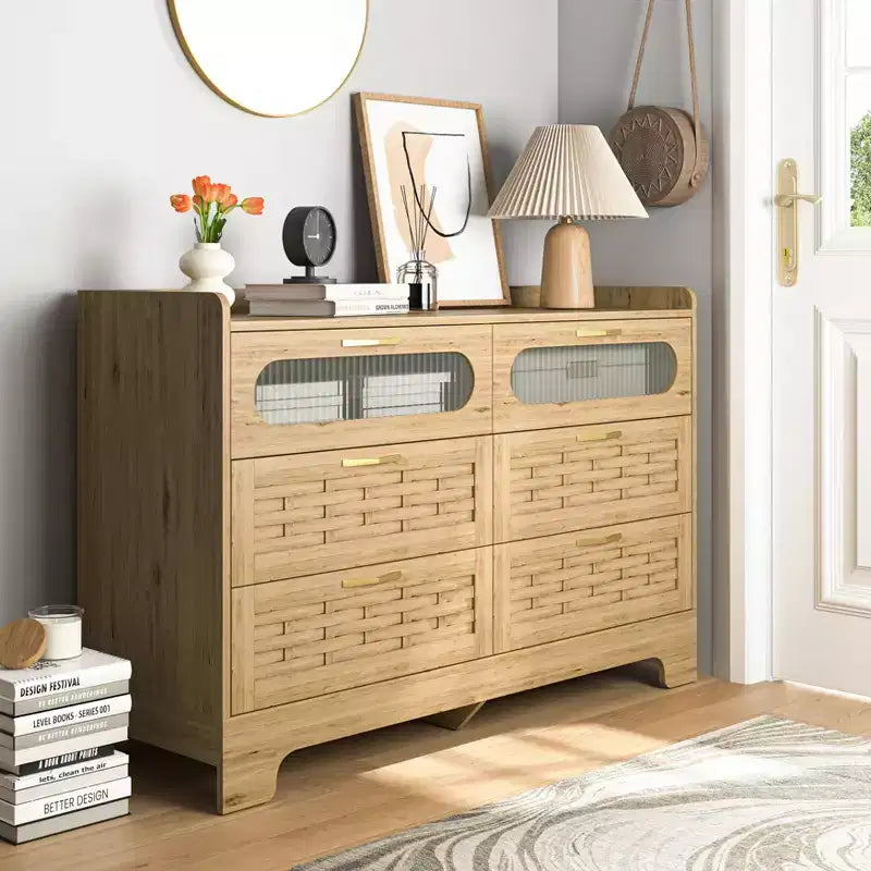 Okak Wooden 4/6 Drawer Dresser,Modern Living Room Storage Organizer Dresser,Nursery Dresser for Kids Bedroom,Large Storage Cabinet,Natural