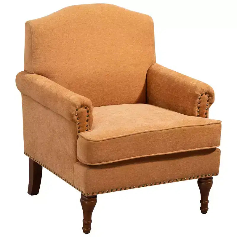 Fauteuil d'appoint capitonné en chenille vintage – Clous décoratifs et pieds en bois massif, 136 kg