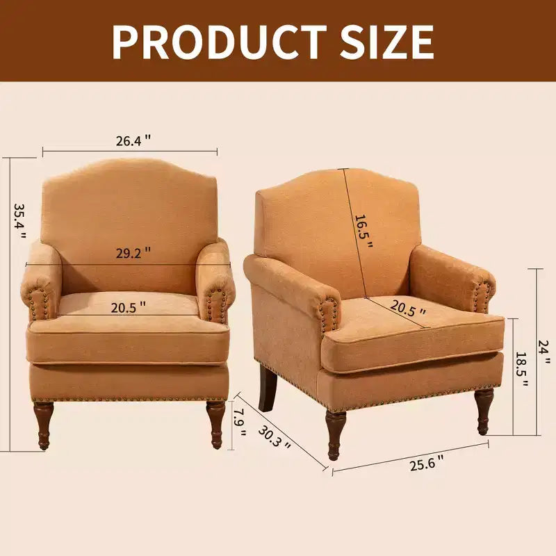 Fauteuil d'appoint capitonné en chenille vintage – Clous décoratifs et pieds en bois massif, 136 kg