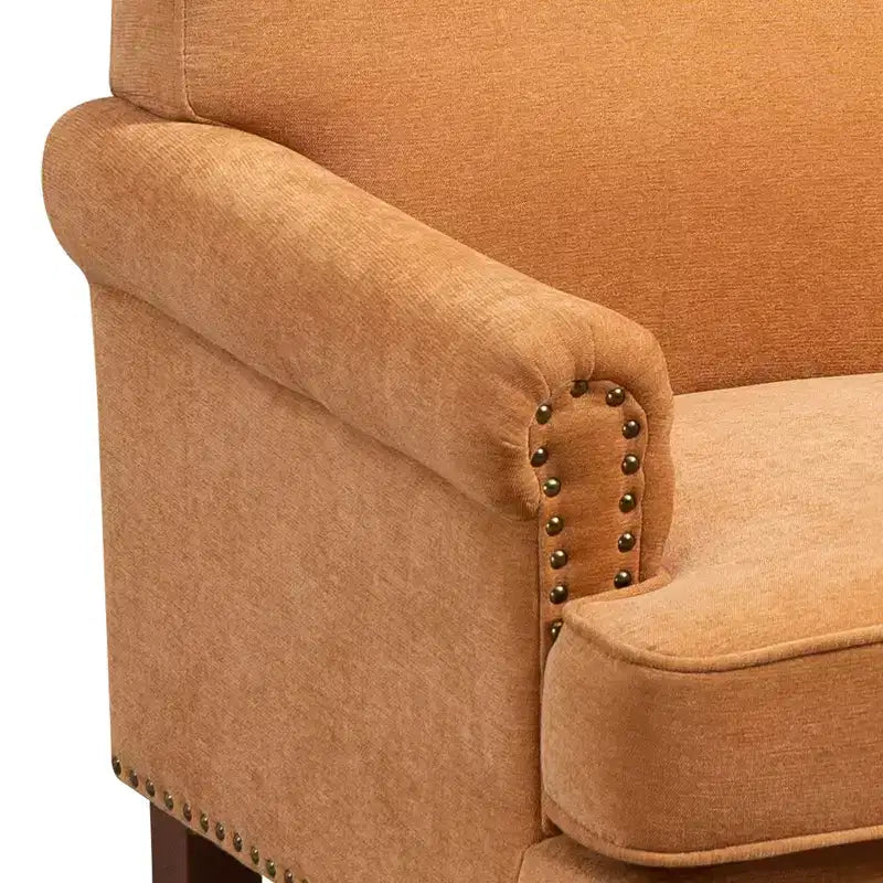 Fauteuil d'appoint capitonné en chenille vintage – Clous décoratifs et pieds en bois massif, 136 kg