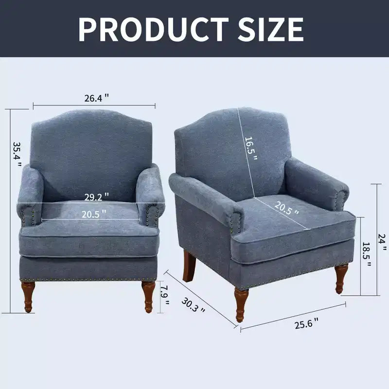 Fauteuil d'appoint capitonné en chenille vintage – Clous décoratifs et pieds en bois massif, 136 kg