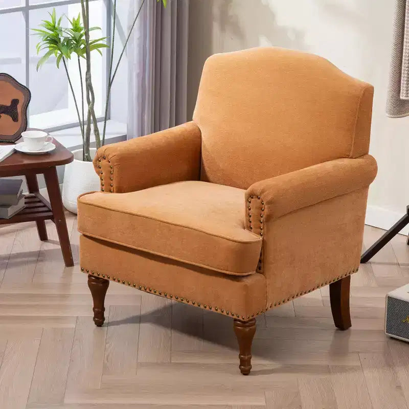 Fauteuil d'appoint capitonné en chenille vintage – Clous décoratifs et pieds en bois massif, 136 kg