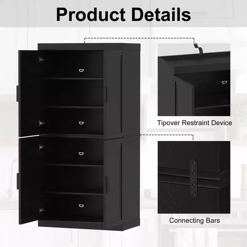 Armoire de rangement de 170 cm – 6 étagères, finition grain de bois noir et portes en rotin