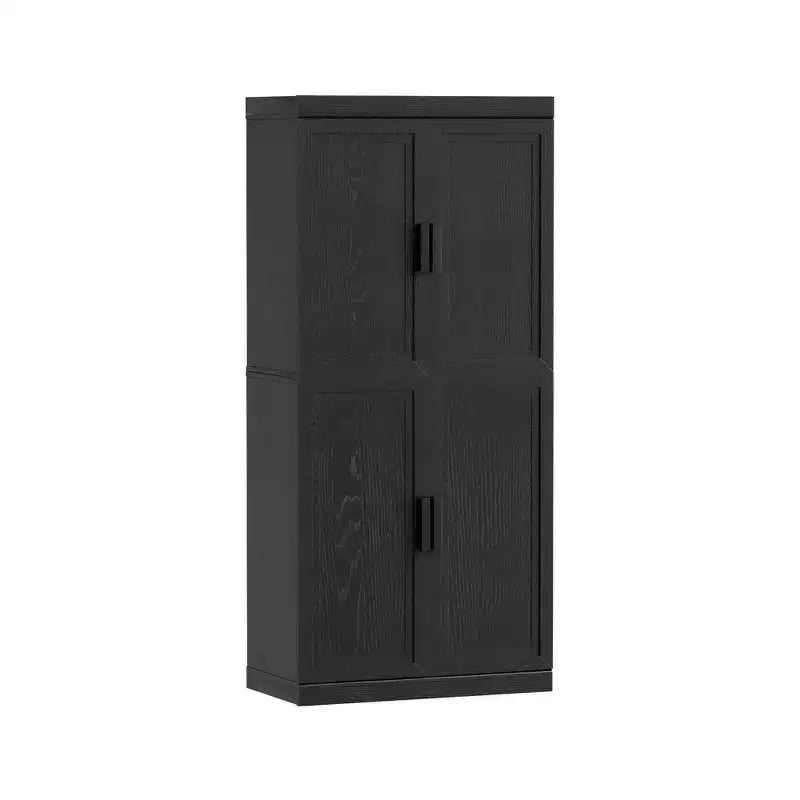 Armoire de rangement de 170 cm – 6 étagères, finition grain de bois noir et portes en rotin