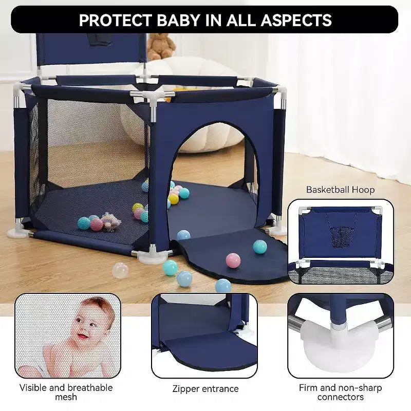 Parc Bébé 6 Panneaux – 127x127 cm, Parc de Jeu Portable avec Panier de Basket et Design en Maille