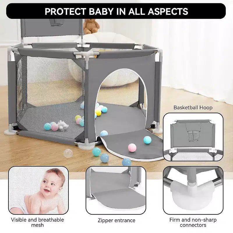 Parc Bébé 6 Panneaux – 127x127 cm, Parc de Jeu Portable avec Panier de Basket et Design en Maille