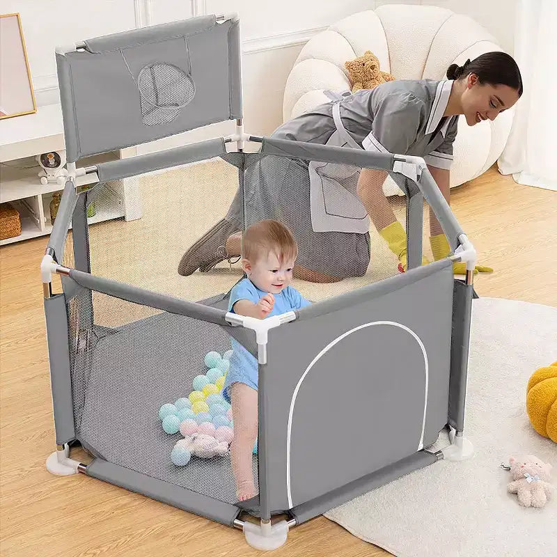 Parc Bébé 6 Panneaux – 127x127 cm, Parc de Jeu Portable avec Panier de Basket et Design en Maille