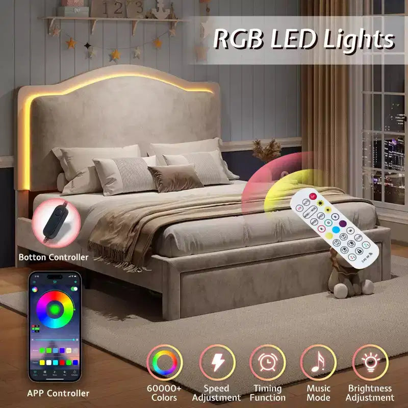 Cadre de lit LED avec station de recharge – Tête de lit de rangement réglable de 127 cm