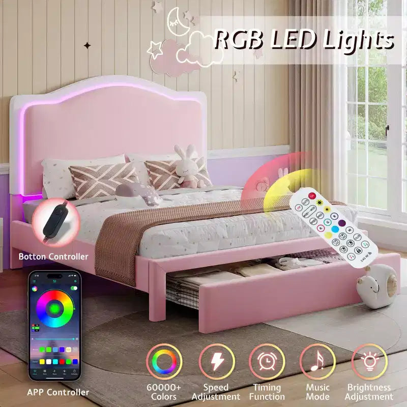 Cadre de lit LED avec station de recharge – Tête de lit de rangement réglable de 127 cm