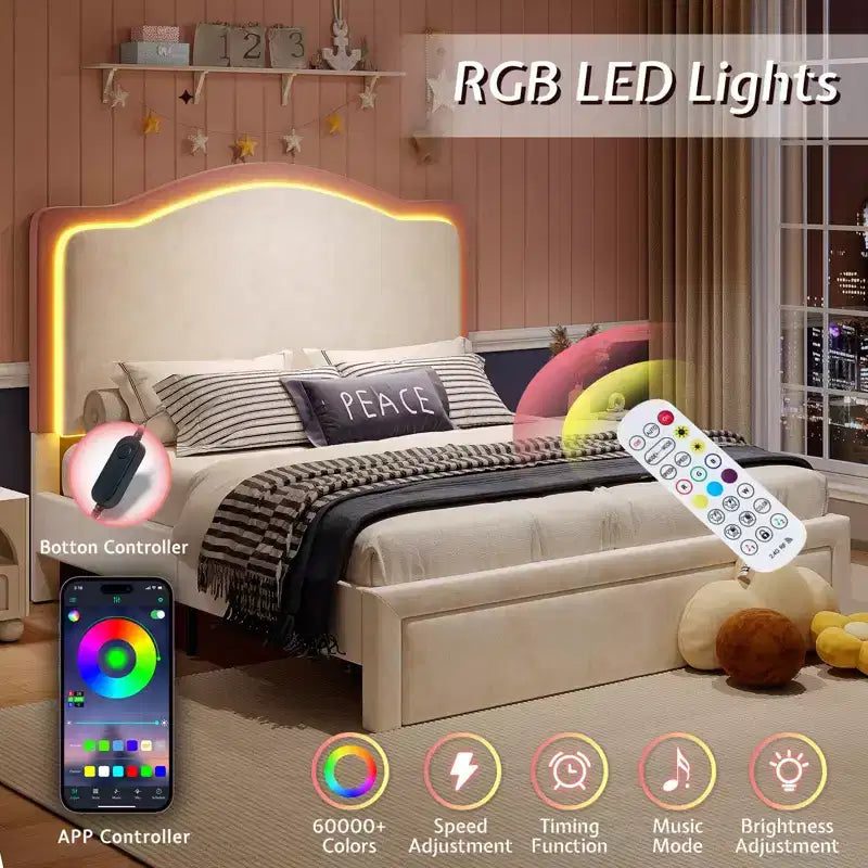 Cadre de lit LED avec station de recharge – Tête de lit de rangement réglable de 127 cm
