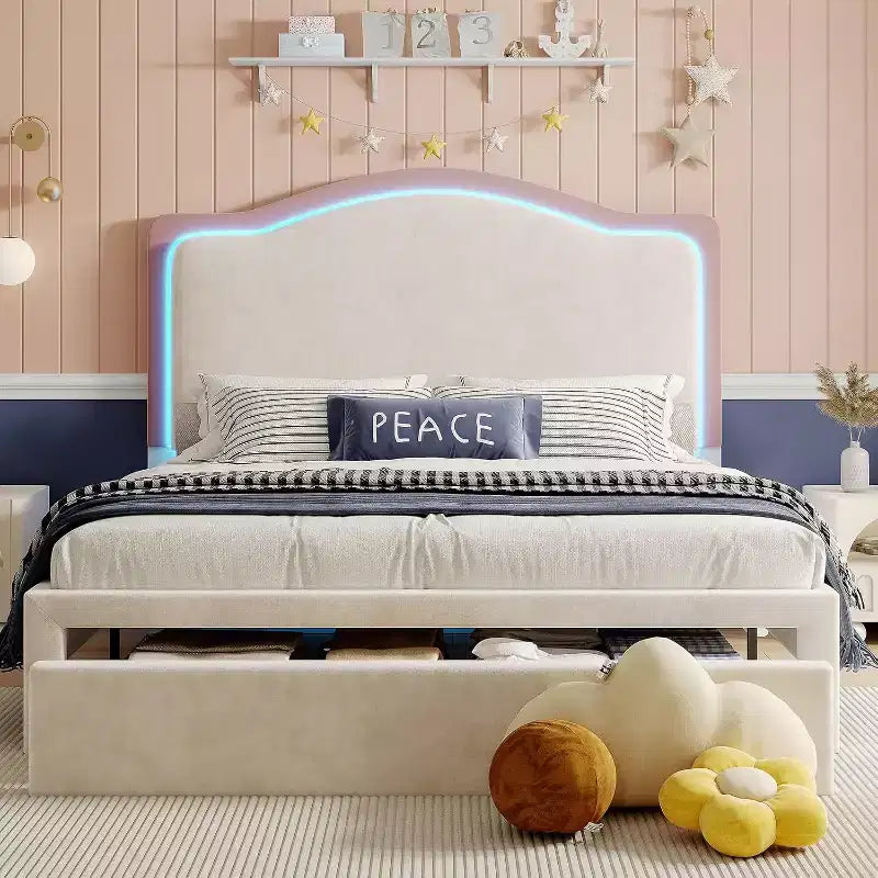Cadre de lit LED avec station de recharge – Tête de lit de rangement réglable de 127 cm