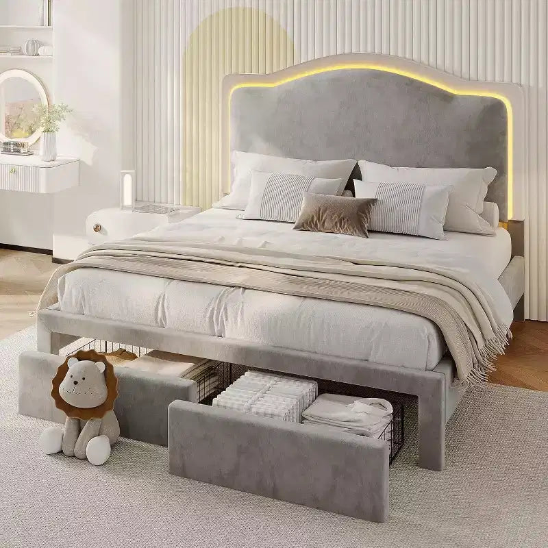 Cadre de lit LED avec station de recharge – Tête de lit de rangement réglable de 127 cm