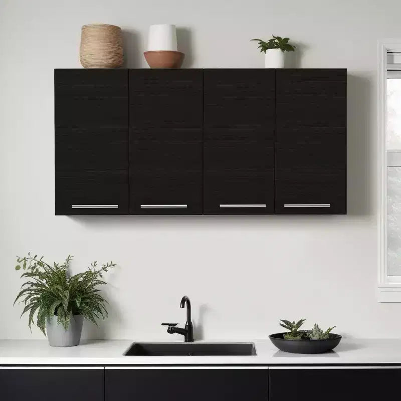 Meuble d'appoint mural en bois noir de 47 po – 4 portes, 3 tablettes et 1 tiroir