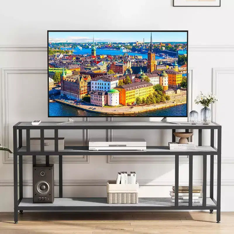 Meuble TV marron rustique de 65 pouces pour téléviseurs de 75 pouces - Meuble TV à support quadruple tube avec étagères ouvertes, console multimédia pour salon/chambre à coucher