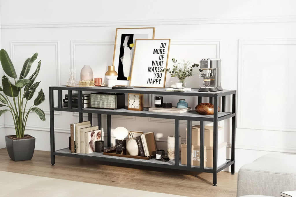 Meuble TV marron rustique de 65 pouces pour téléviseurs de 75 pouces - Meuble TV à support quadruple tube avec étagères ouvertes, console multimédia pour salon/chambre à coucher