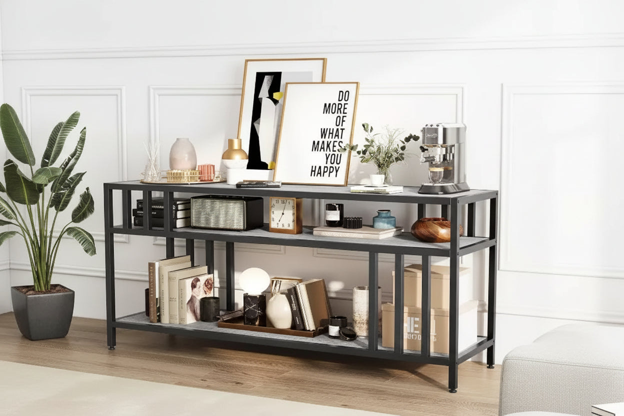 Meuble TV marron rustique de 65 pouces pour téléviseurs de 75 pouces - Meuble TV à support quadruple tube avec étagères ouvertes, console multimédia pour salon/chambre à coucher