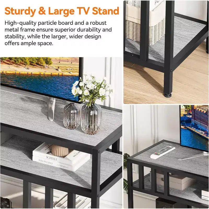 Meuble TV marron rustique de 65 pouces pour téléviseurs de 75 pouces - Meuble TV à support quadruple tube avec étagères ouvertes, console multimédia pour salon/chambre à coucher