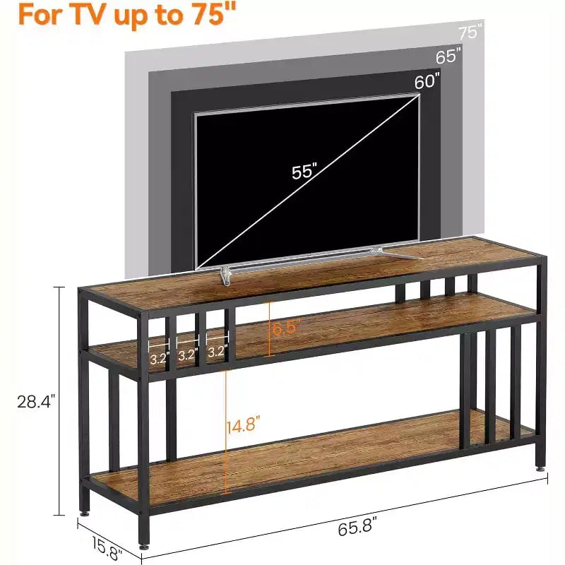 Meuble TV marron rustique de 65 pouces pour téléviseurs de 75 pouces - Meuble TV à support quadruple tube avec étagères ouvertes, console multimédia pour salon/chambre à coucher