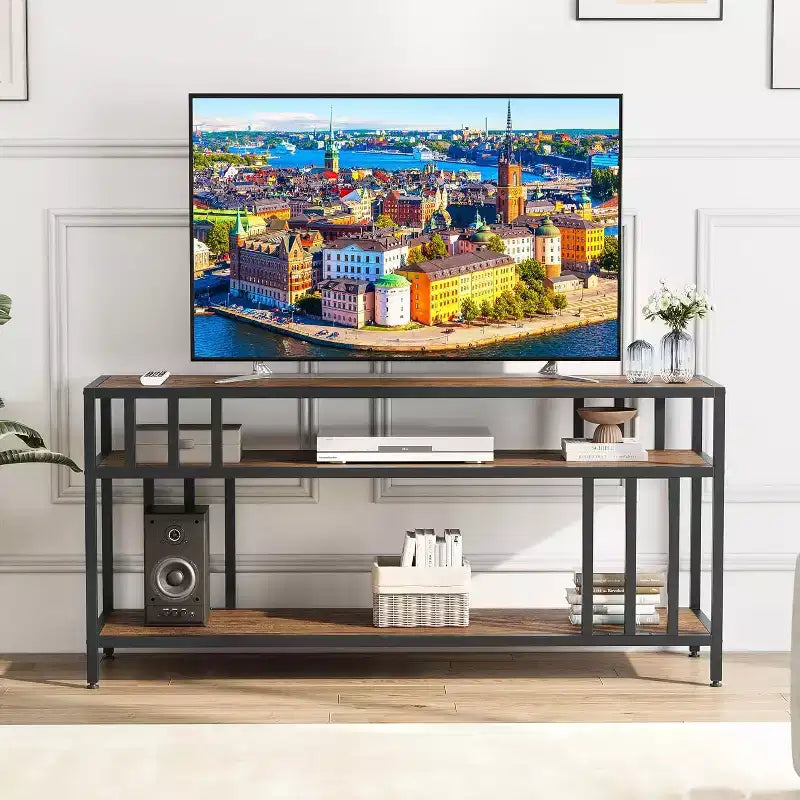 Meuble TV marron rustique de 65 pouces pour téléviseurs de 75 pouces - Meuble TV à support quadruple tube avec étagères ouvertes, console multimédia pour salon/chambre à coucher