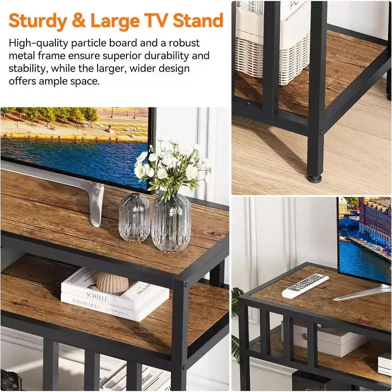Meuble TV marron rustique de 65 pouces pour téléviseurs de 75 pouces - Meuble TV à support quadruple tube avec étagères ouvertes, console multimédia pour salon/chambre à coucher