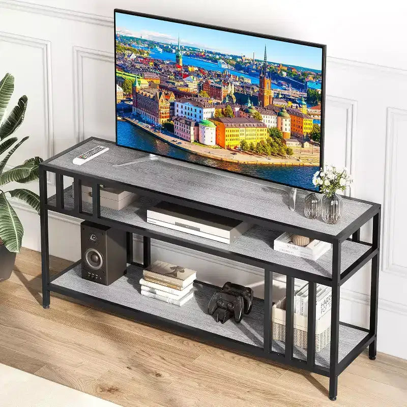 Meuble TV marron rustique de 65 pouces pour téléviseurs de 75 pouces - Meuble TV à support quadruple tube avec étagères ouvertes, console multimédia pour salon/chambre à coucher