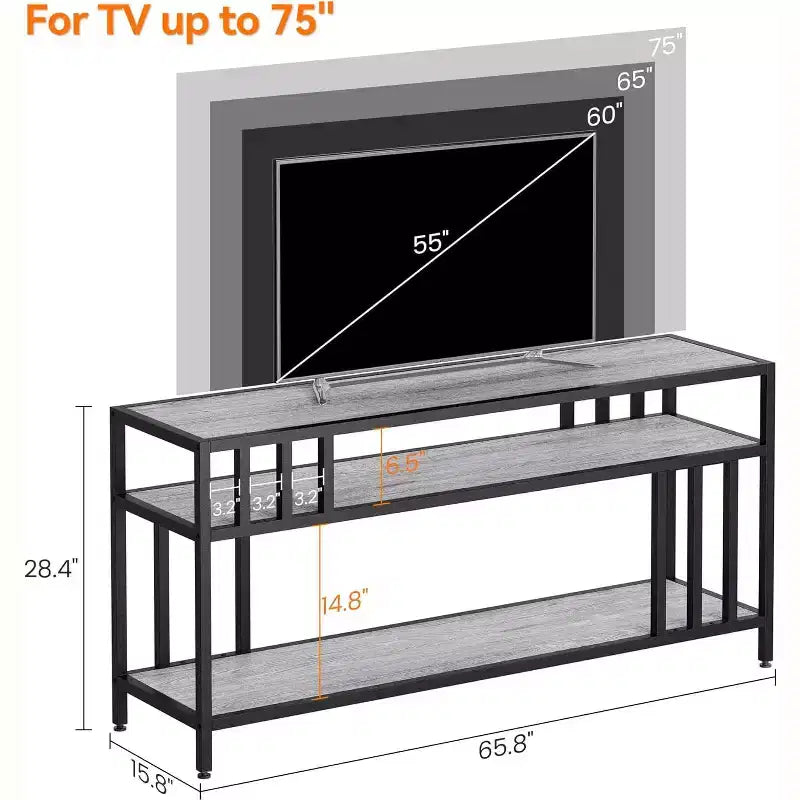 Meuble TV marron rustique de 65 pouces pour téléviseurs de 75 pouces - Meuble TV à support quadruple tube avec étagères ouvertes, console multimédia pour salon/chambre à coucher