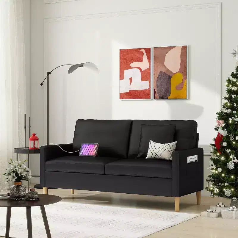 TYBOATLE 66 Black Faux Leather Loveseat Sofa with USB, Mid-Century Modern Tufted 2-Seater Couch for Small Space, Apartment, Dorm, Bedroom
