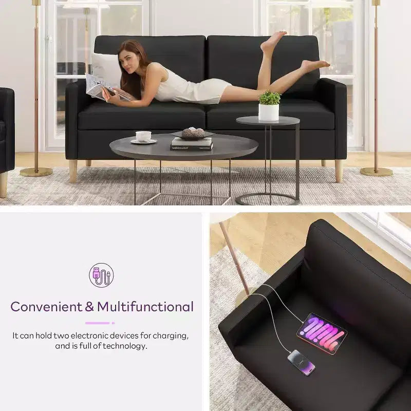 Causeuse 66" en similicuir noir – Port USB, capitonnée, style Mid-century, 272 kg