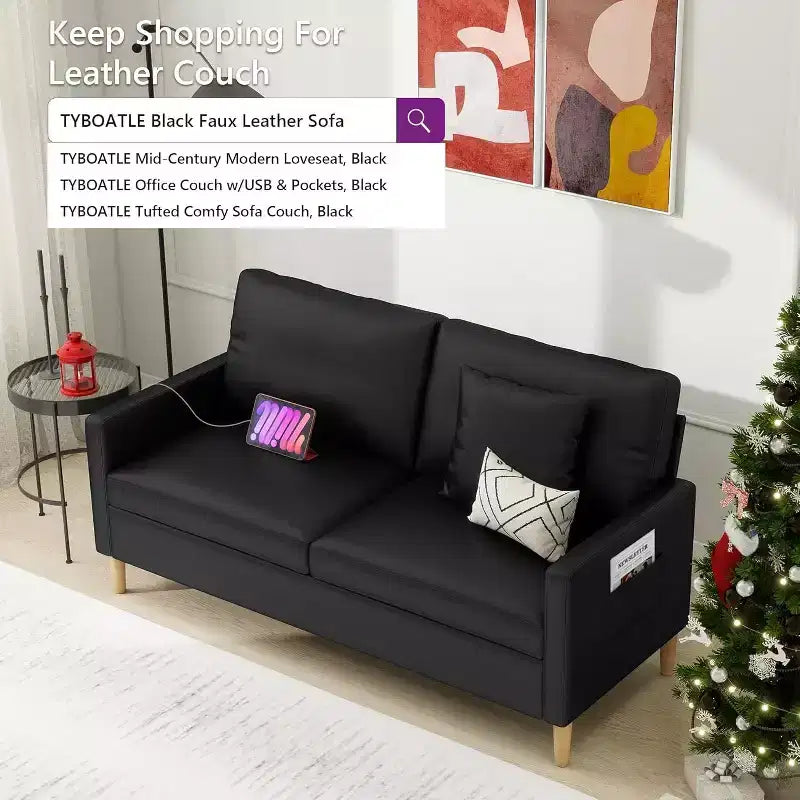 Causeuse 66" en similicuir noir – Port USB, capitonnée, style Mid-century, 272 kg