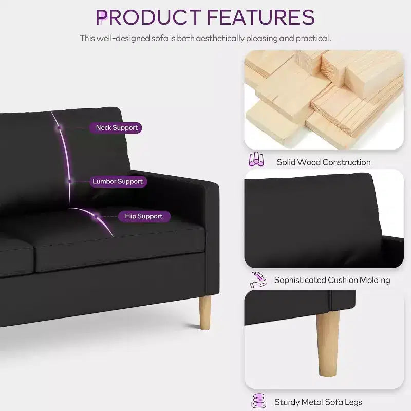 Causeuse 66" en similicuir noir – Port USB, capitonnée, style Mid-century, 272 kg