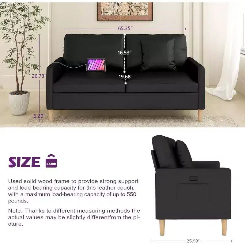Causeuse 66" en similicuir noir – Port USB, capitonnée, style Mid-century, 272 kg