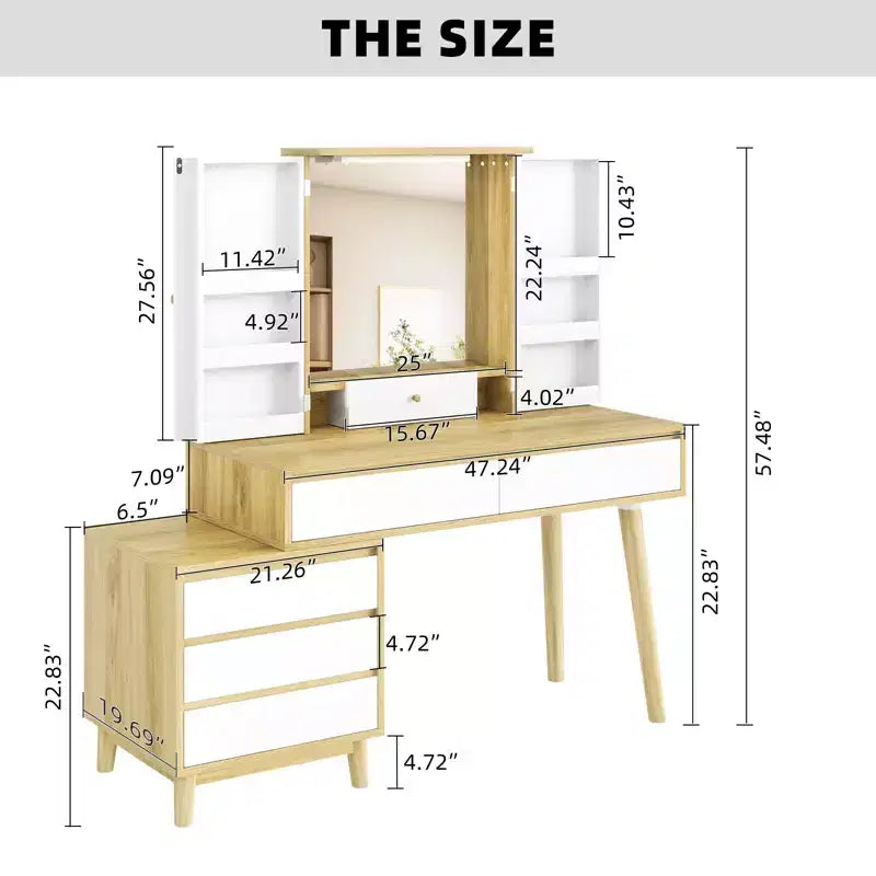 Coiffeuse avec miroir LED – 3 modes de couleur, 6 tiroirs et étagères ouvertes, rangement dissimulé