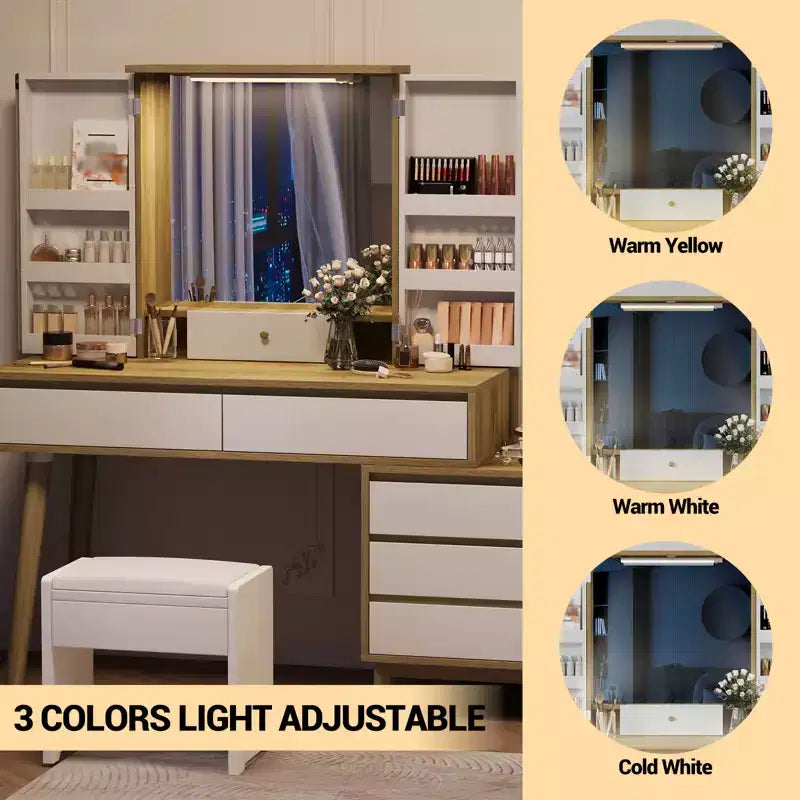 Coiffeuse avec miroir LED – 3 modes de couleur, 6 tiroirs et étagères ouvertes, rangement dissimulé