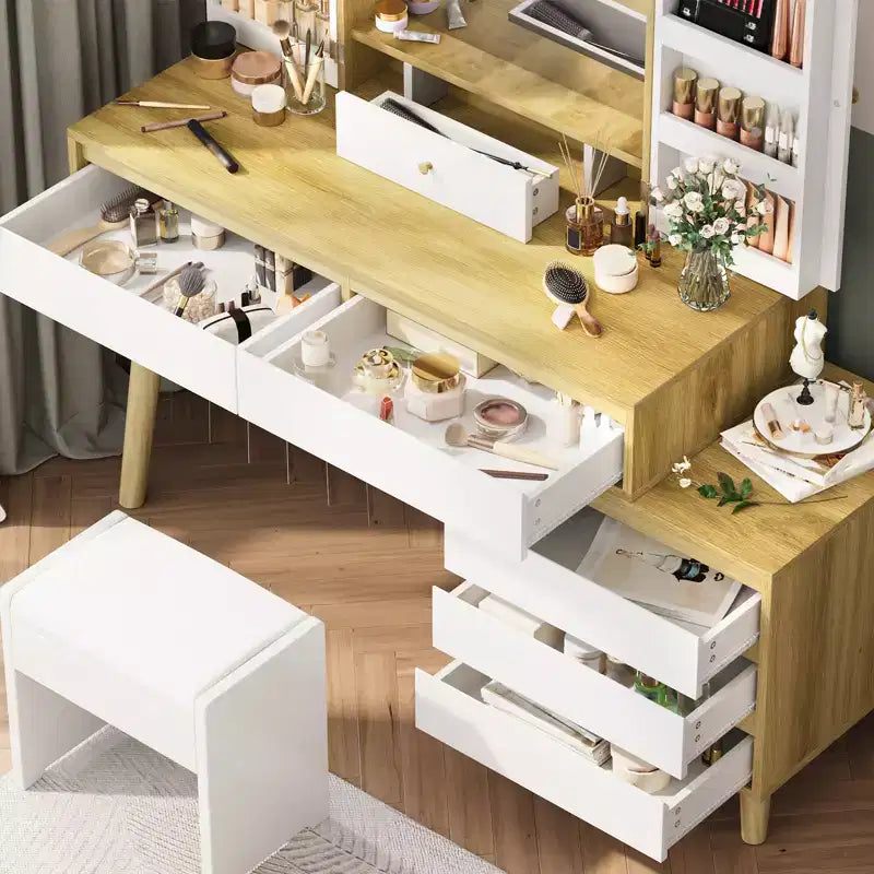 Coiffeuse avec miroir LED – 3 modes de couleur, 6 tiroirs et étagères ouvertes, rangement dissimulé