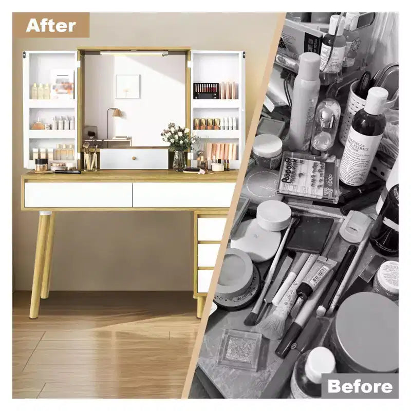Coiffeuse avec miroir LED – 3 modes de couleur, 6 tiroirs et étagères ouvertes, rangement dissimulé