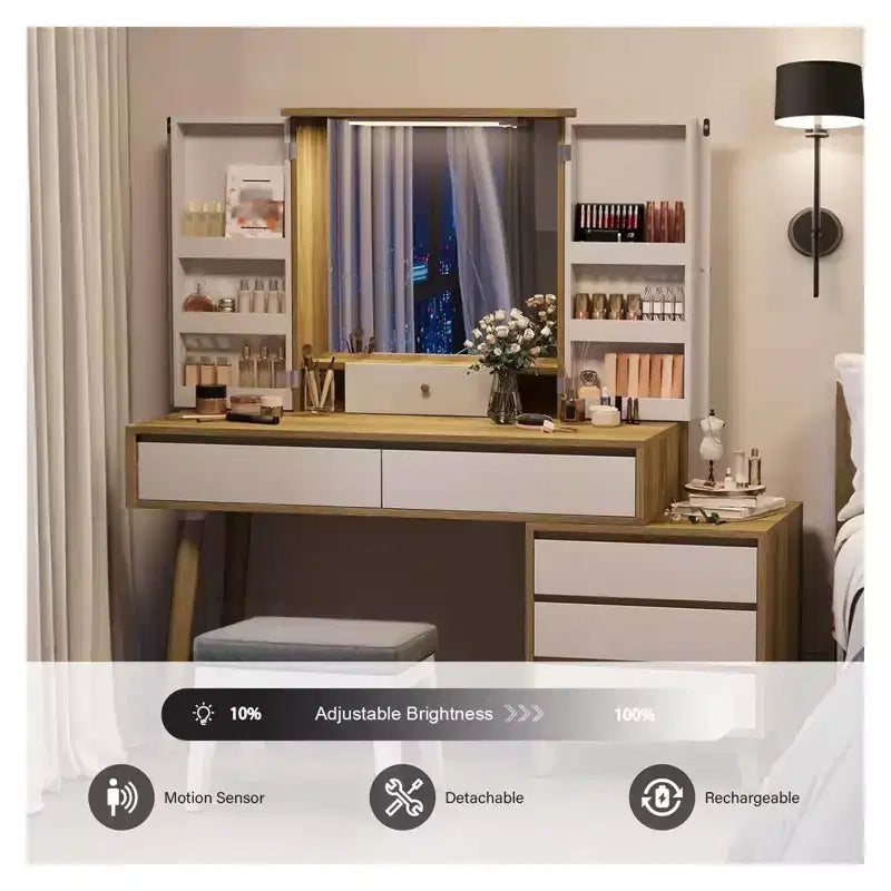 Coiffeuse avec miroir LED – 3 modes de couleur, 6 tiroirs et étagères ouvertes, rangement dissimulé