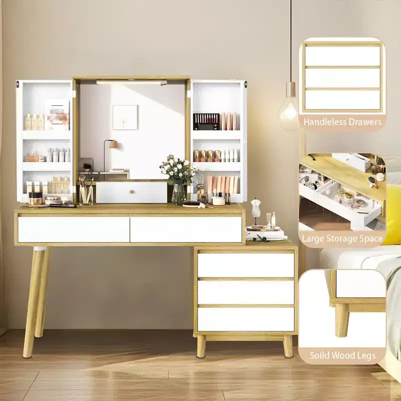 Coiffeuse avec miroir LED – 3 modes de couleur, 6 tiroirs et étagères ouvertes, rangement dissimulé