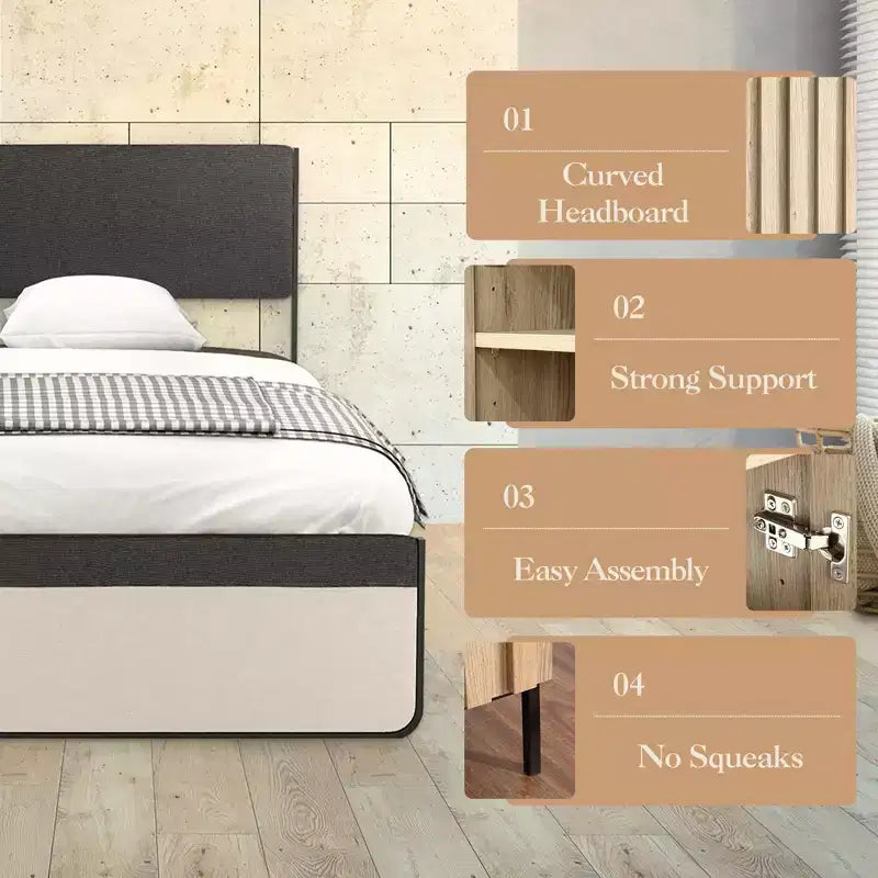 Cadre de lit plateforme rembourré – Tête de lit capitonnée et 2 tiroirs de rangement