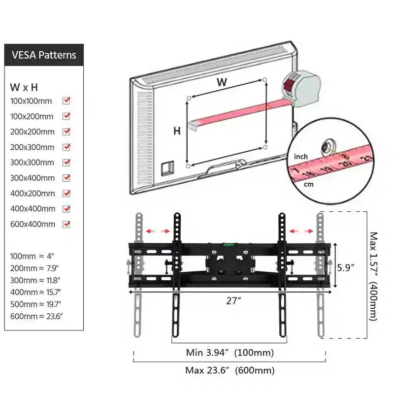 Support mural TV Full Motion – 32-70", 50 kg, inclinaison 0-15°, acier