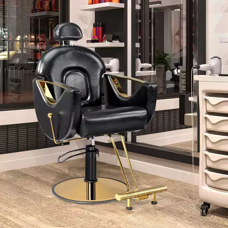 Fauteuil de salon de coiffure inclinable robuste avec appui-tête – 150 kg, pivotant à 360°, noir