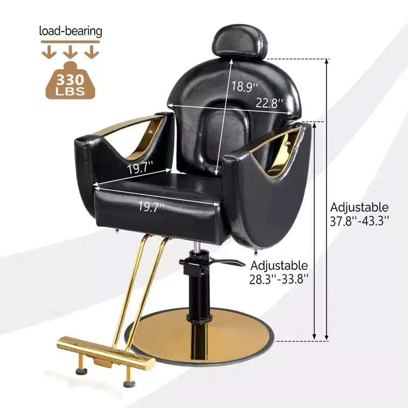 Fauteuil de salon de coiffure inclinable robuste avec appui-tête – 150 kg, pivotant à 360°, noir