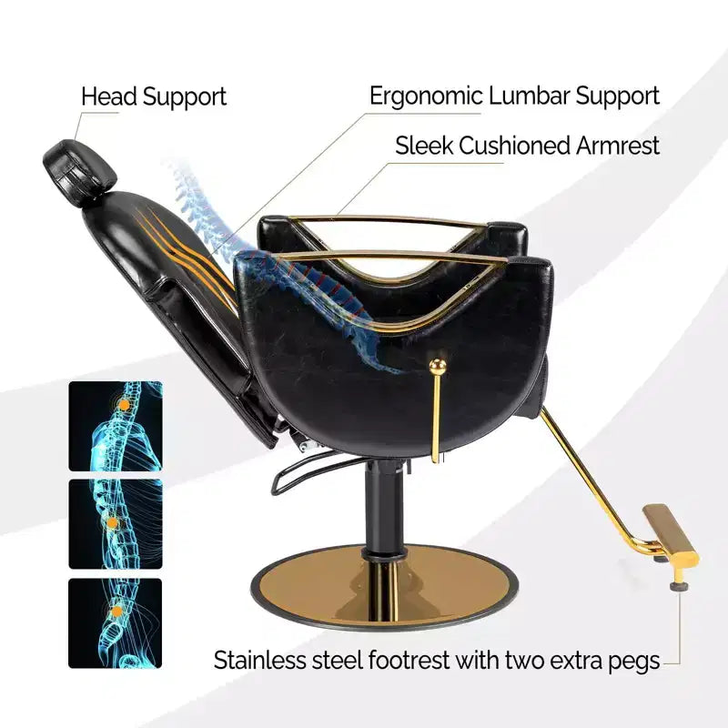 Fauteuil de salon de coiffure inclinable robuste avec appui-tête – 150 kg, pivotant à 360°, noir