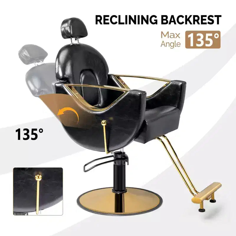 Fauteuil de salon de coiffure inclinable robuste avec appui-tête – 150 kg, pivotant à 360°, noir