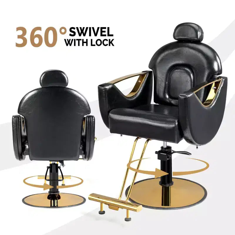 Fauteuil de salon de coiffure inclinable robuste avec appui-tête – 150 kg, pivotant à 360°, noir